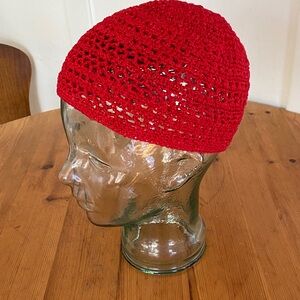 Red Crochet Open Weave Beanie.